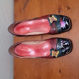 SUPERLADYSTAR RETRO LEATHER UNIQUE HAND PAINTED BUTTERFLY CHUNKY SQUARE SHOES 41